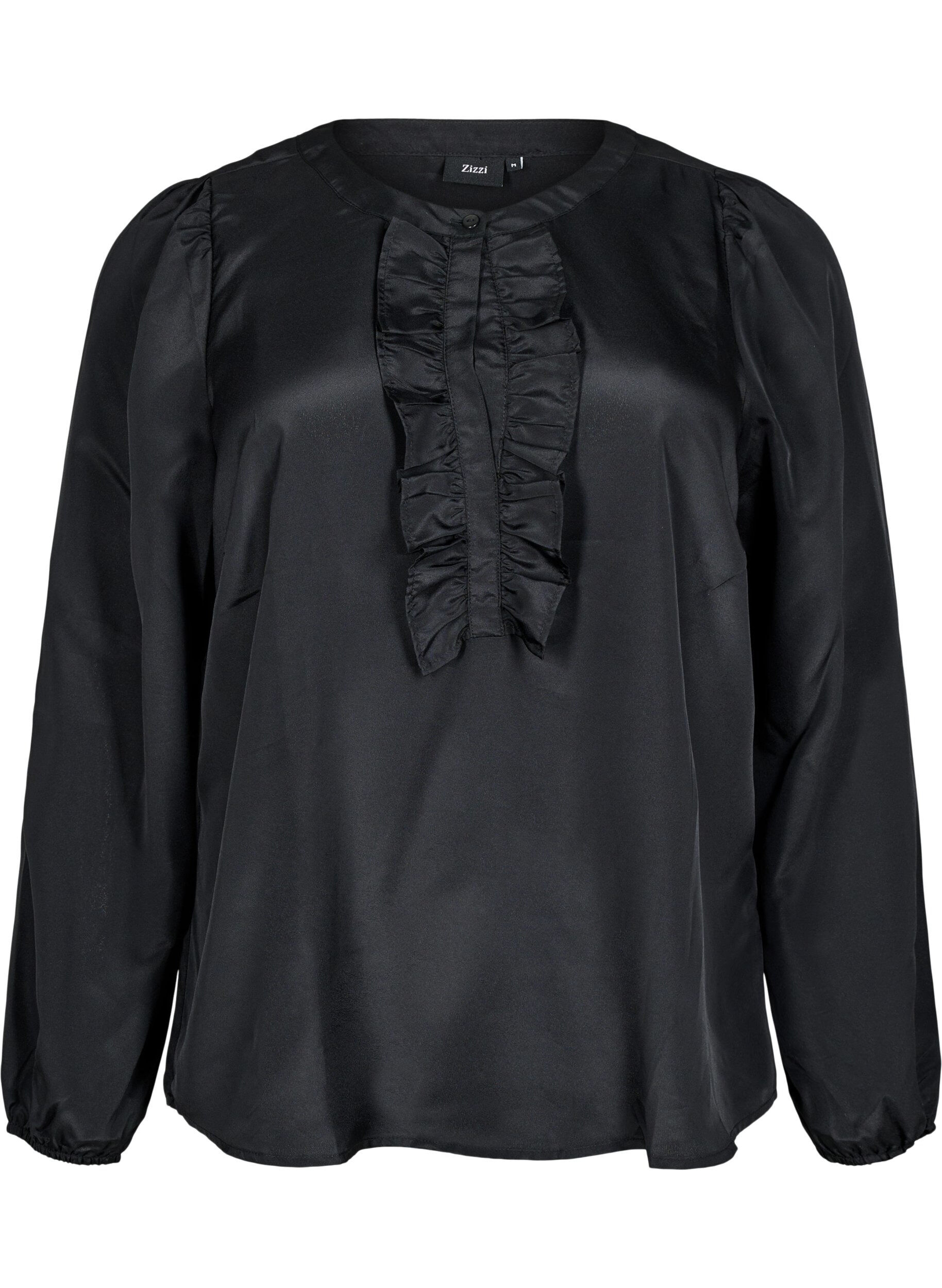 ZizziSatinbluse mit Volantdetails, Black, Packshot image number 0