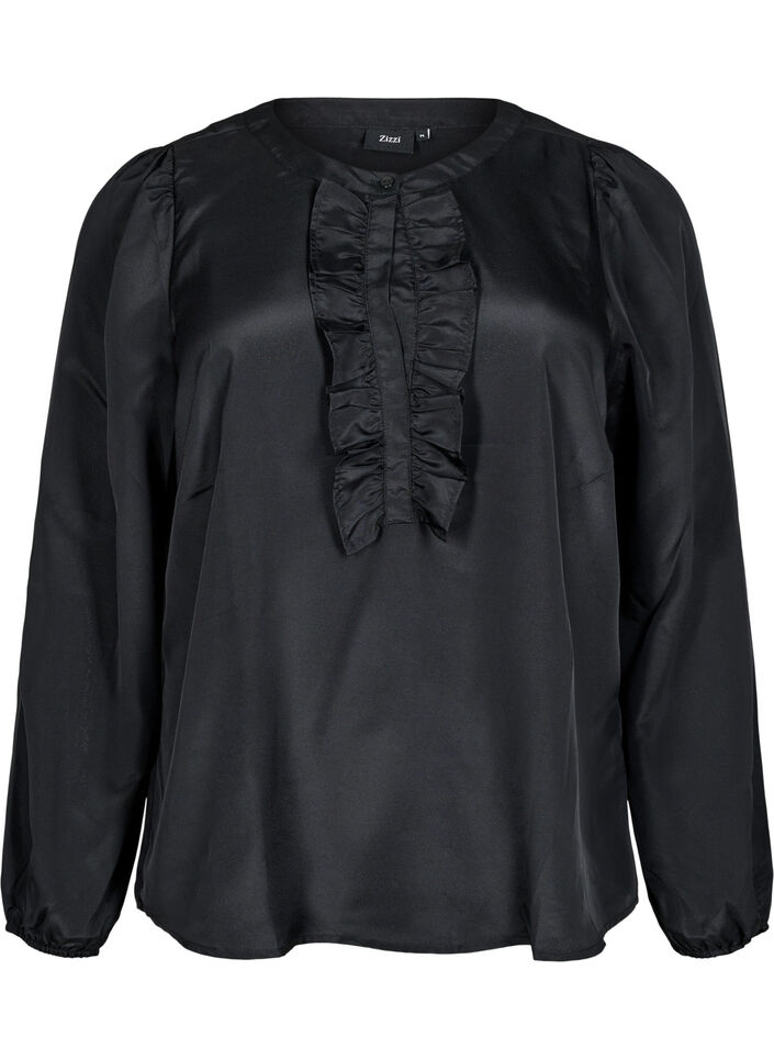Satinbluse mit Volantdetails, Black, Packshot image number 0