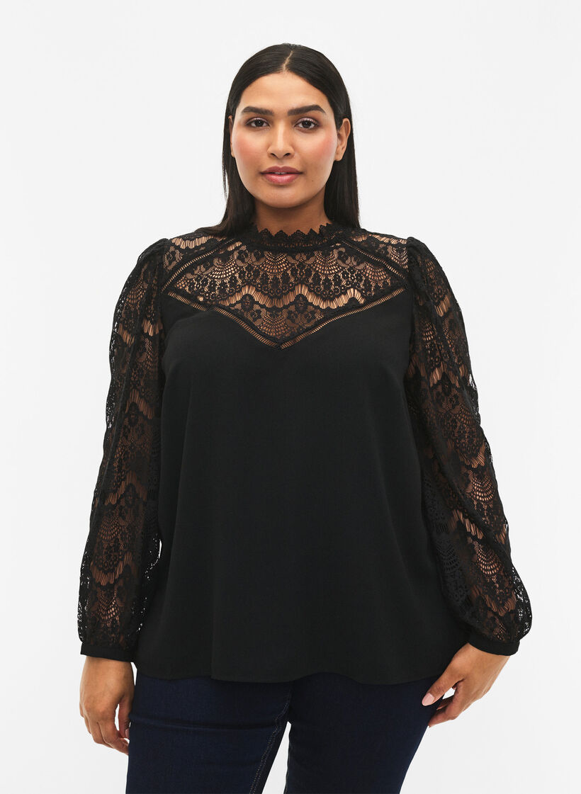 Langärmelige Bluse mit Spitze, Black, Model image number 0