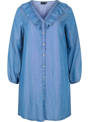 Denim-Kleid mit V-Ausschnitt und Rüschen, Blue denim, Packshot image number 0