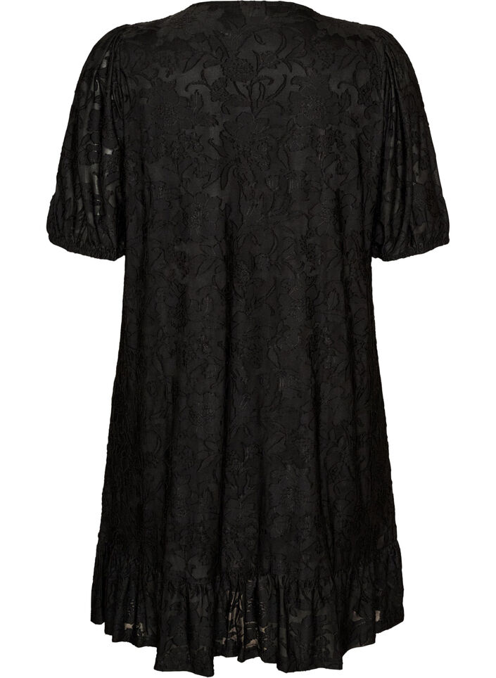 Kleid mit floraler Struktur und R&uuml;schenbesatz, Schwarz, Packshot image number 1