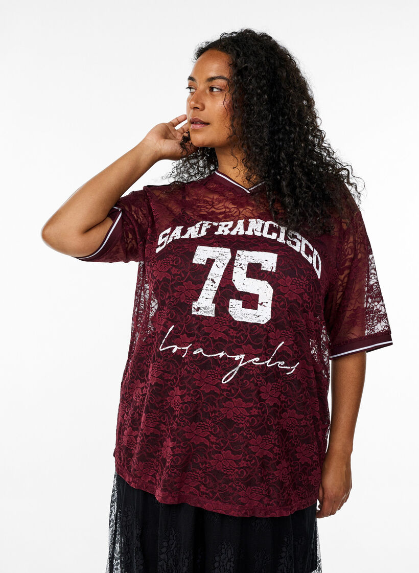 Sportliches Spitzen-T-Shirt mit lockerer Passform, Dunkles Bordeaux, Model image number 0