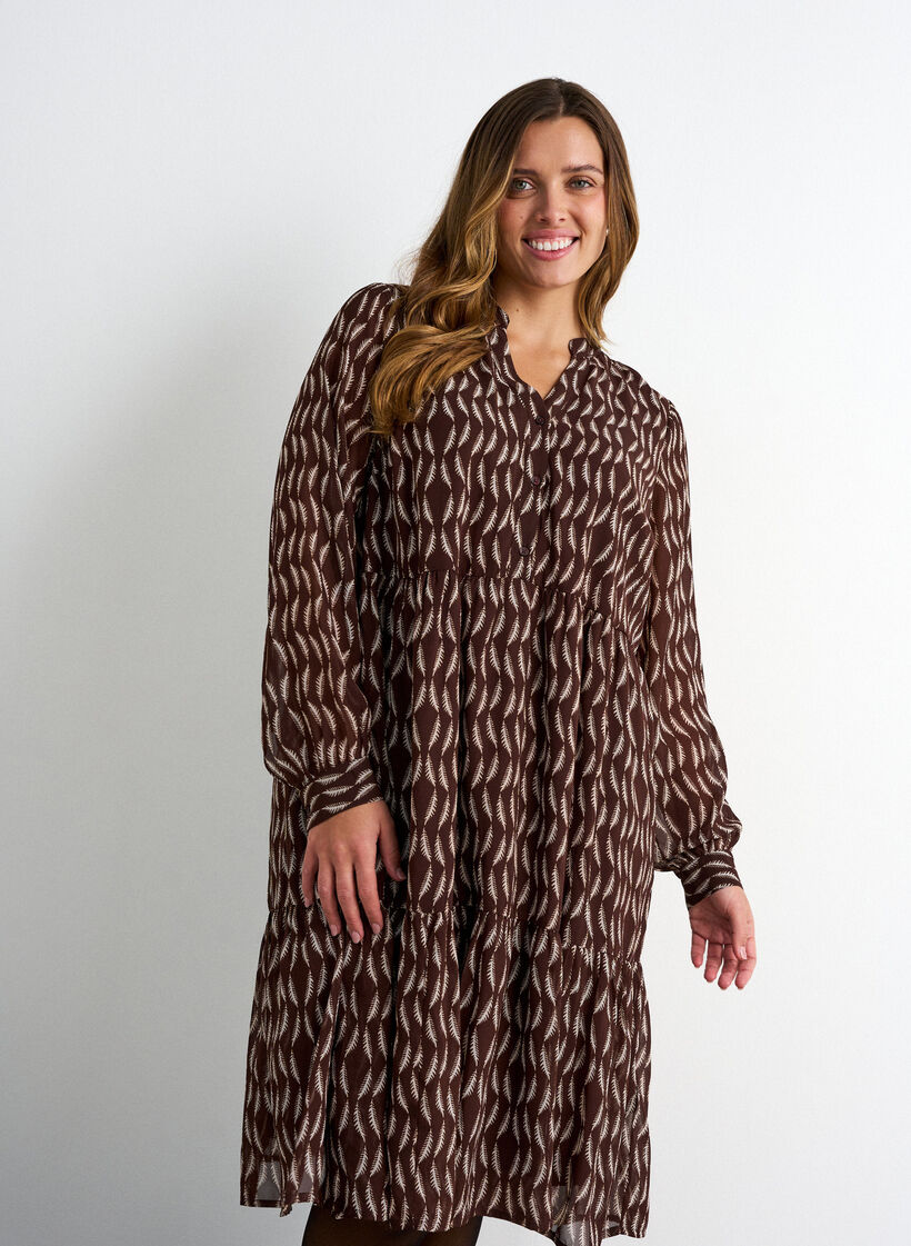 Kleid mit Allover-Muster und einer Volantlage, Braun, Model image number 2