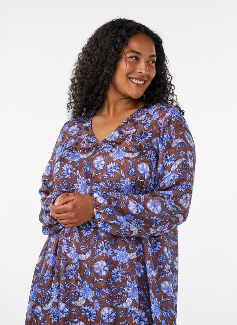 Gebl&uuml;mtes Midikleid mit R&uuml;schensaum, Braun, Model image number 2