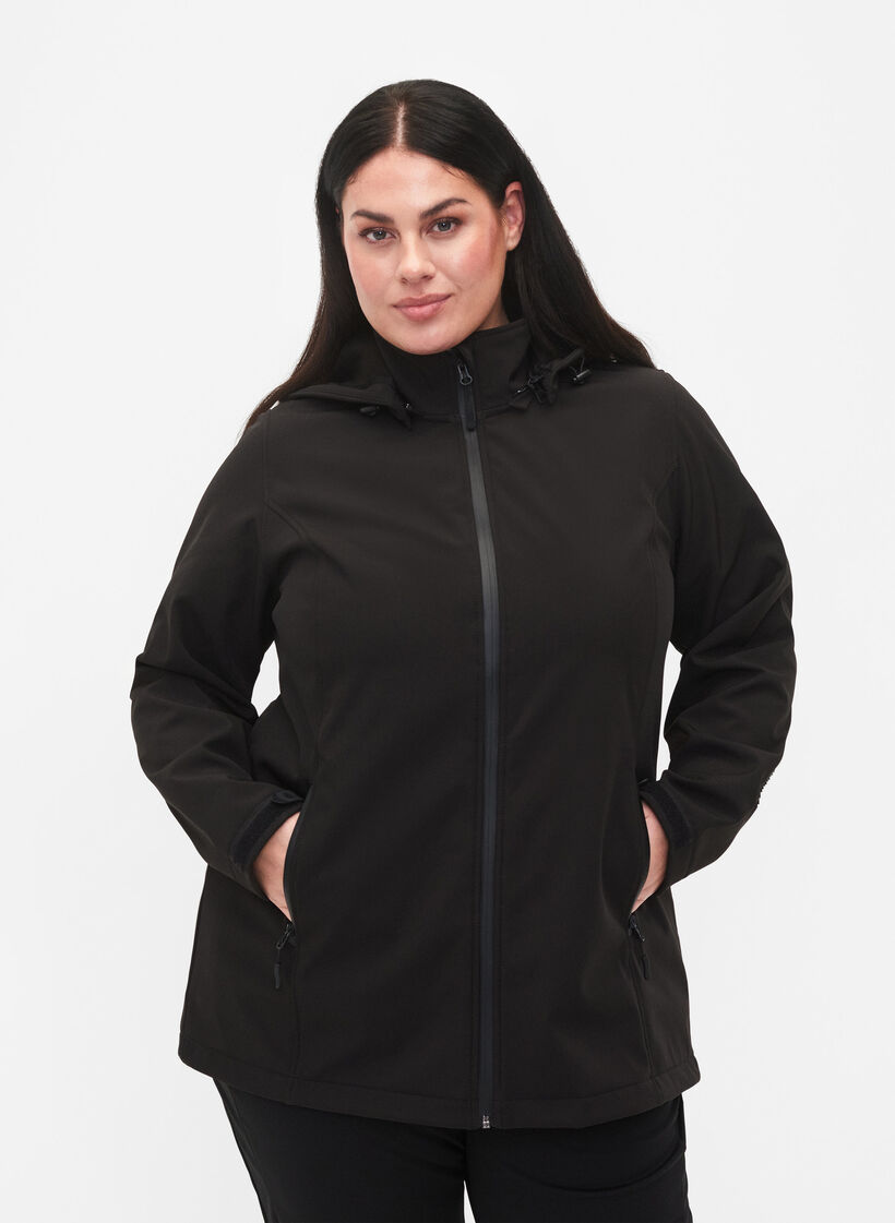 Softshell-Jacke mit abnehmbarer Kapuze, Black, Model image number 0