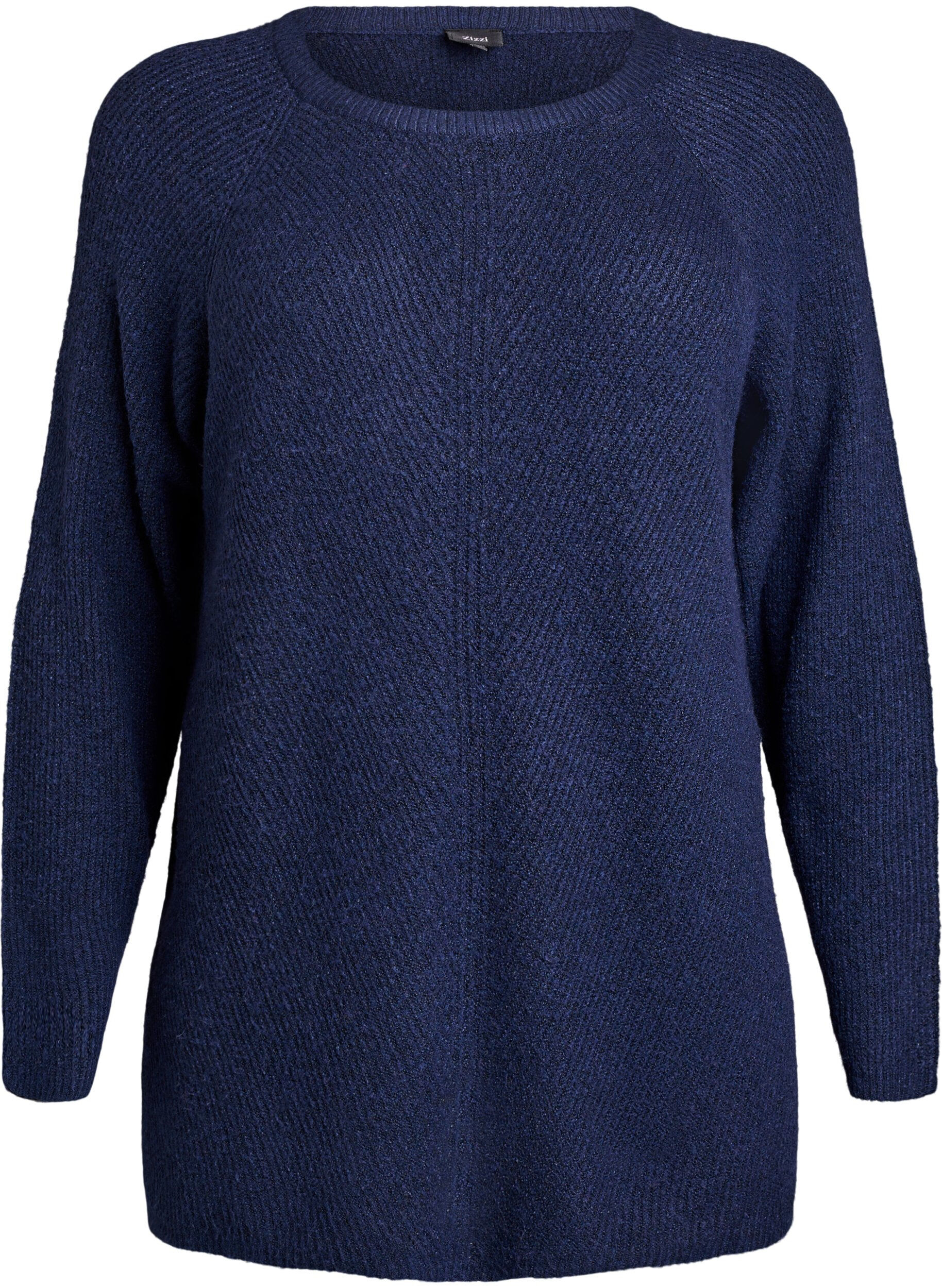 ZizziStrickpullover mit diagonalem Muster und Raglan&auml;rmeln, Blau, Packshot image number 0