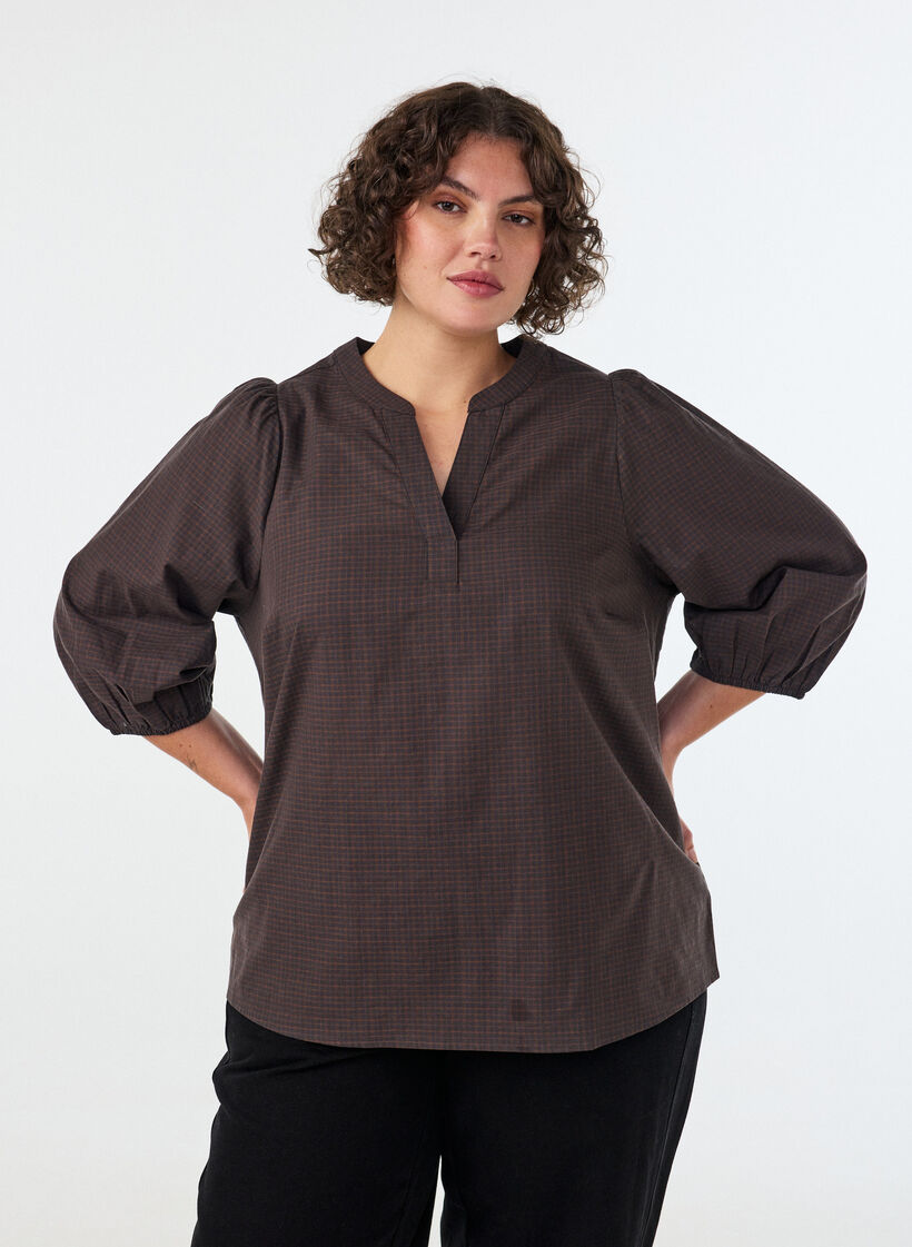 Karierte Bluse mit V-Ausschnitt und 3/4-&Auml;rmeln, Braun, Model image number 0