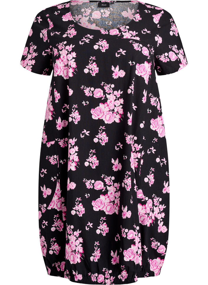 Kurz&auml;rmliges Baumwollkleid mit Print, Schwarz, Packshot image number 0