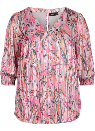 Bluse mit Print, V-Ausschnitt und 3/4-Ärmel, Pink Feather, Packshot image number 0