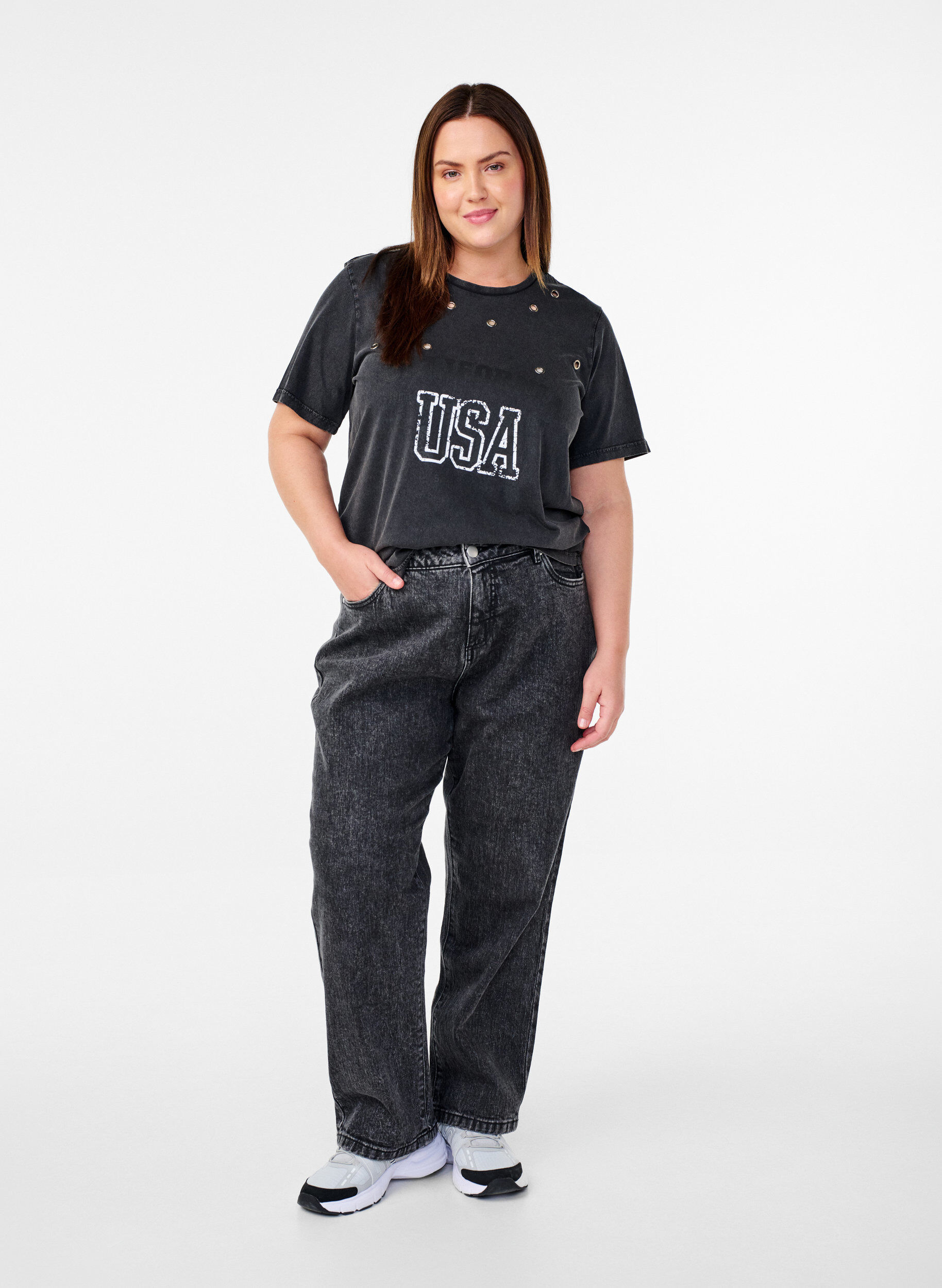 ZizziT-Shirt mit &Ouml;sen und Print, Grey Washed , Model image number 2