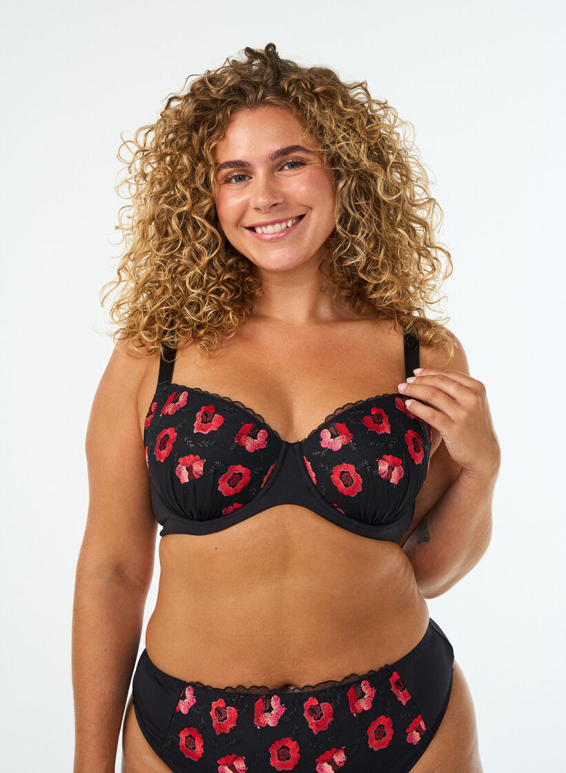 Gepolsterter B&uuml;gel-BH mit gebl&uuml;mter Stickerei, Schwarz, Model image number 0