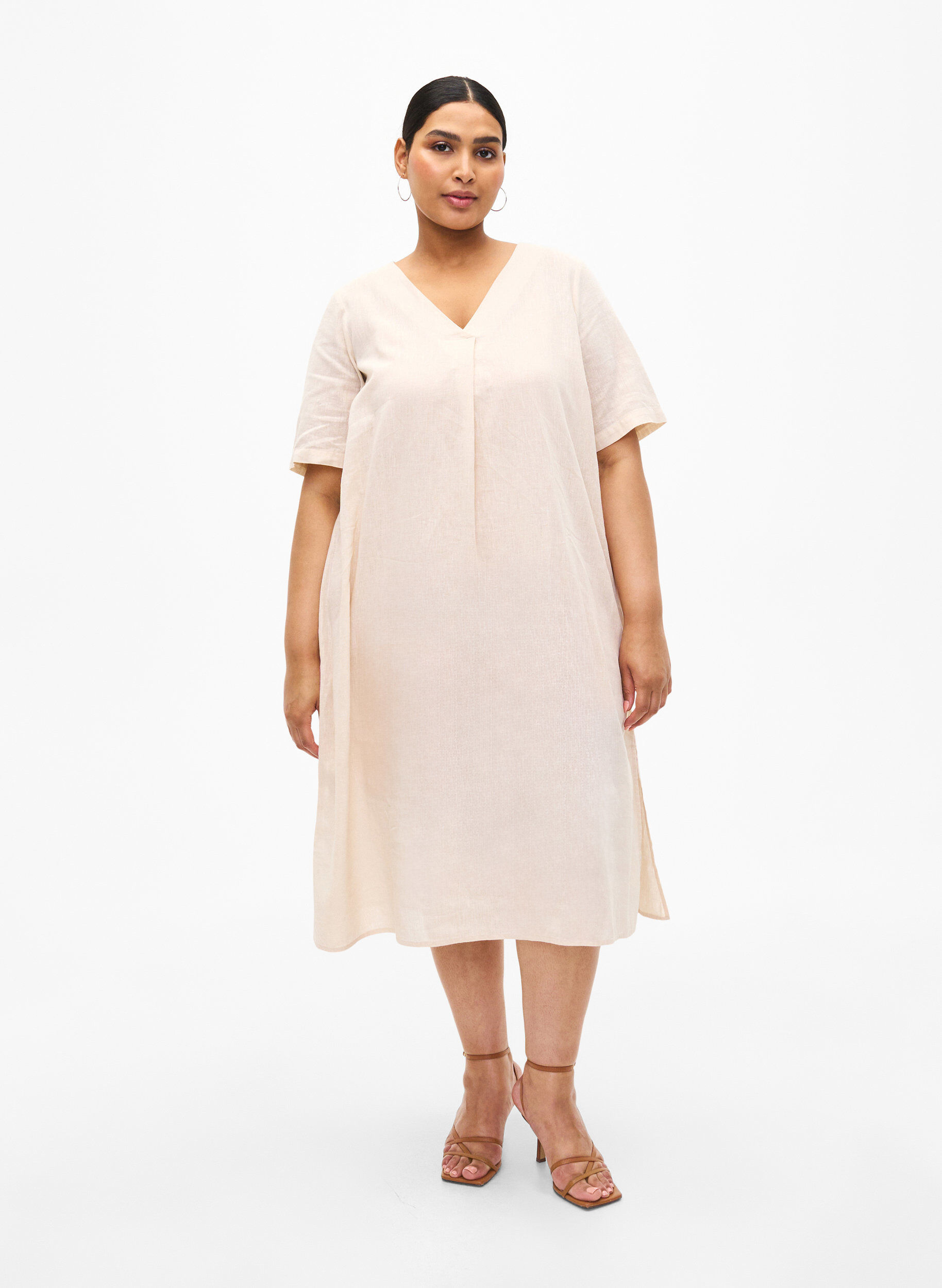 ZizziKaftan-Kleid aus Baumwollmischung mit Leinen, Beige, Model image number 1