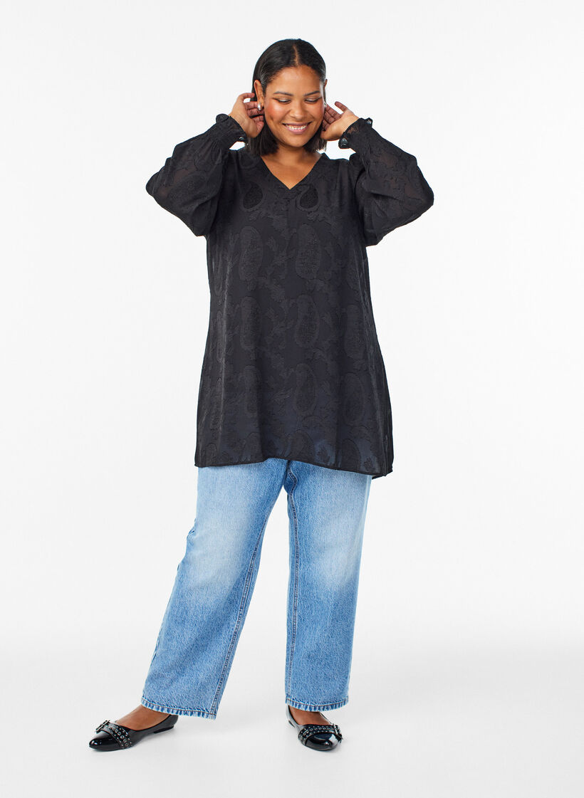 Tunika mit Paisley-Muster und langen Ärmeln, Schwarz, Model image number 1