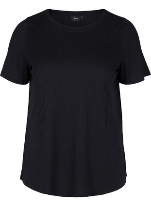 Einfarbiges Ripp T-Shirt mit kurzen Ärmeln, Black, Packshot image number 0
