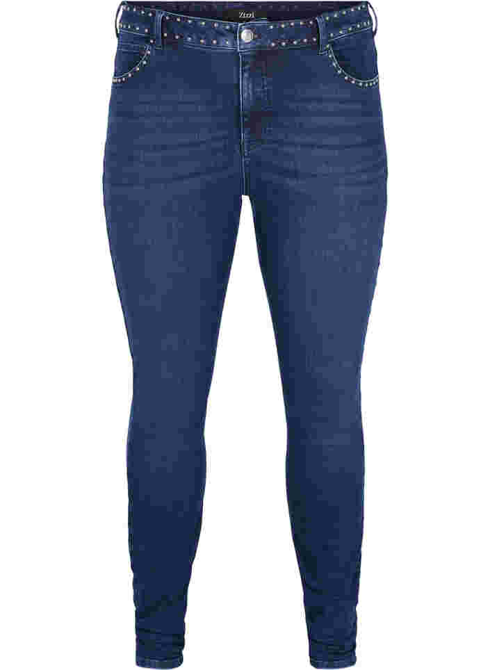 Super Slim Amy Jeans mit Nieten, Dark blue, Packshot image number 0