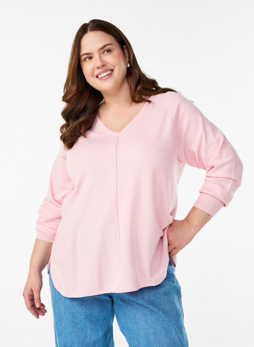 Bluse aus Feinstrick mit V-Ausschnitt und Detail auf der Vorderseite, Pink, Model image number 0