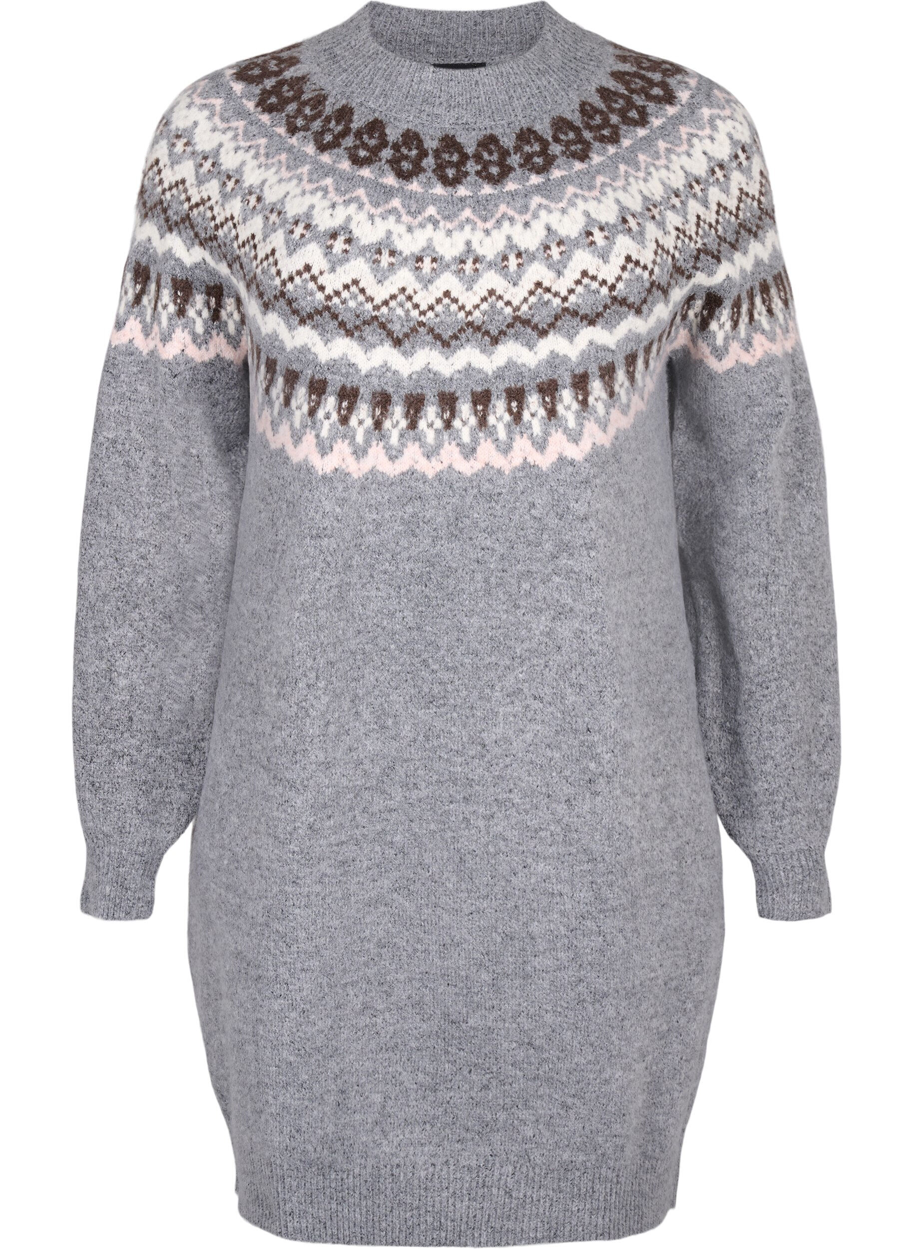 ZizziStrickkleid mit Jacquardmuster und langen &Auml;rmeln, Medium Grey Comb, Packshot image number 0