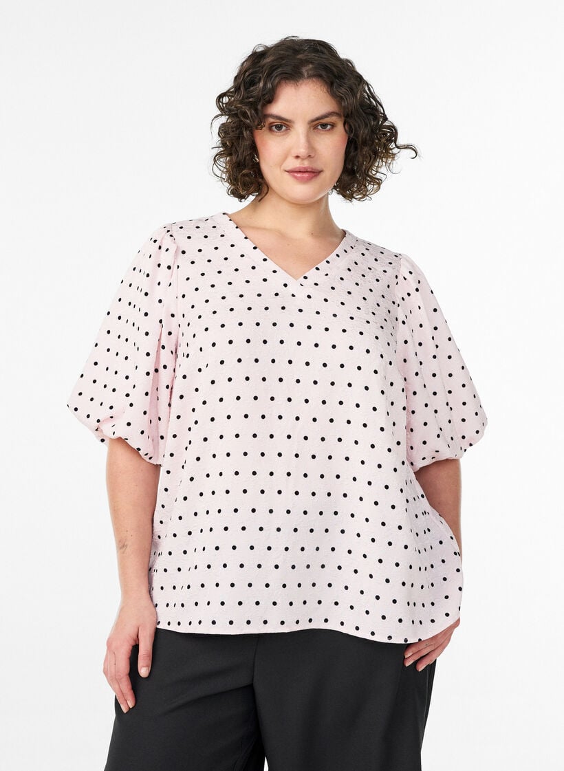 Bluse mit Polka-Dot-Muster und Ballon&auml;rmeln, Pink, Model image number 0