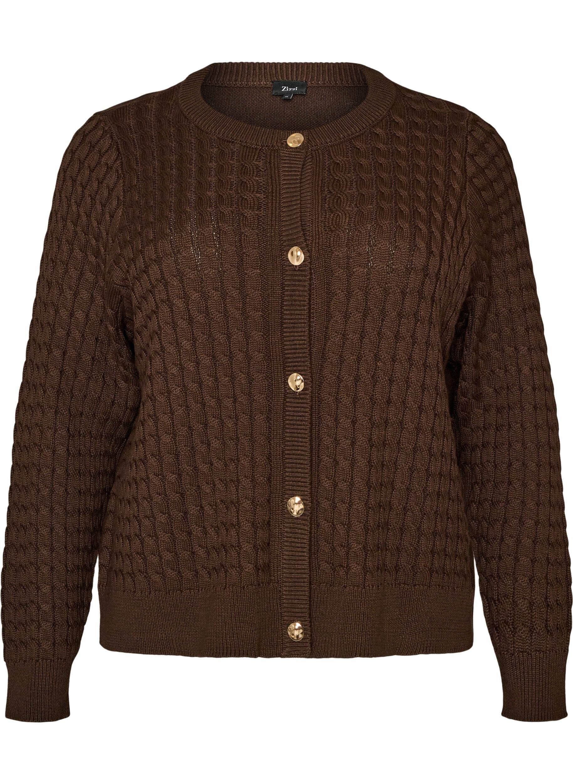 ZizziZopfmuster-Strickjacke mit goldenen Kn&ouml;pfen, Braun, Packshot image number 0