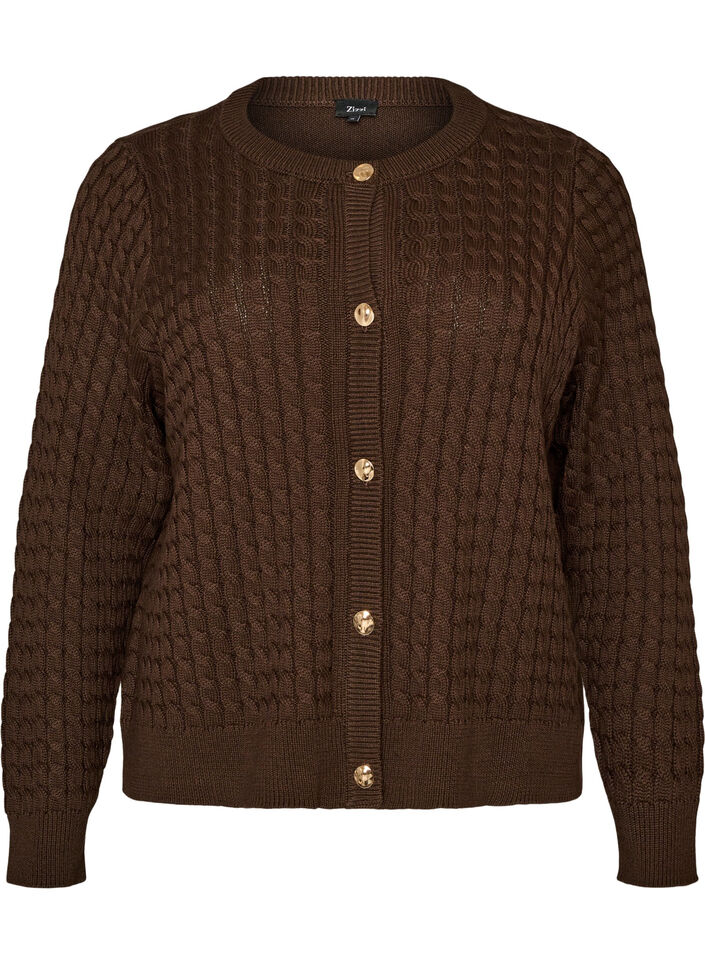 Zopfmuster-Strickjacke mit goldenen Kn&ouml;pfen, Braun, Packshot image number 0