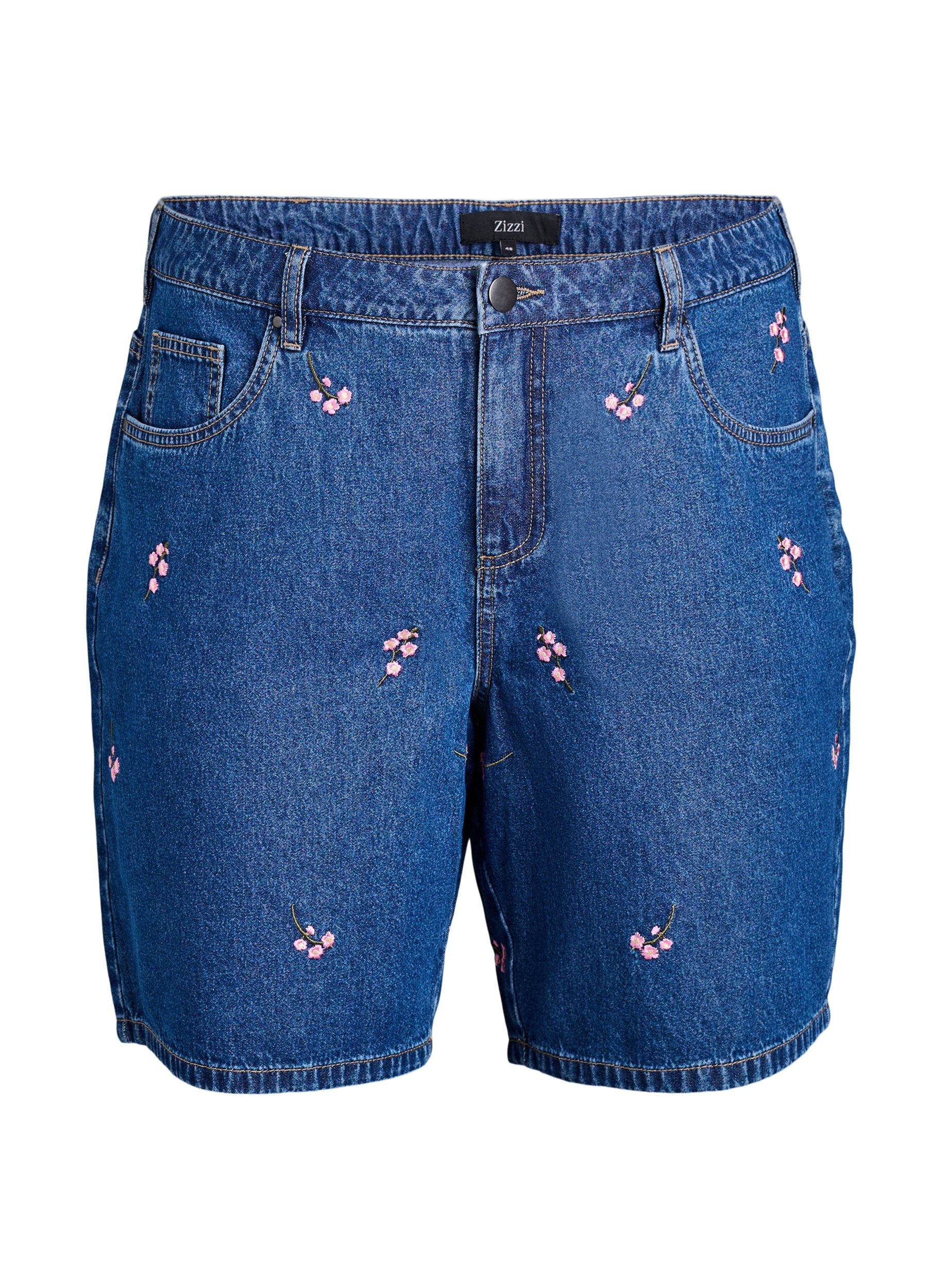 Denim-Shorts mit aufgestickten Blumen
