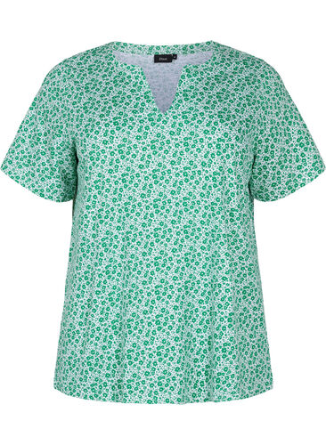 Florales T-Shirt aus Baumwolle mit V-Ausschnitt, Jolly Green AOP, Packshot image number 0