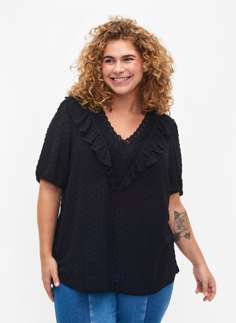 Bluse mit kurzen Ärmeln und gepunkteter Struktur, Night Sky, Model image number 0