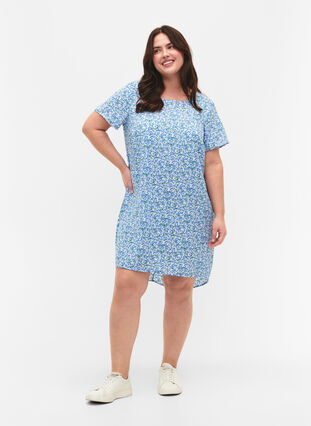 Kleid mit Aufdruck und kurzen Ärmeln, Blue Small Flower, Model image number 2
