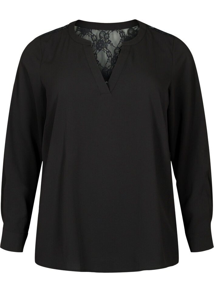Lang&auml;rmelige Bluse mit Spitzendetail , Black, Packshot image number 0