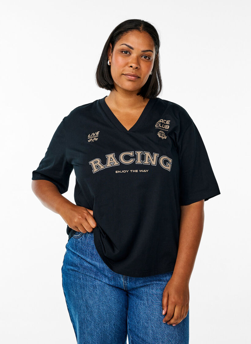 Oversize-T-Shirt mit Racing-Print, Schwarz, Model image number 0