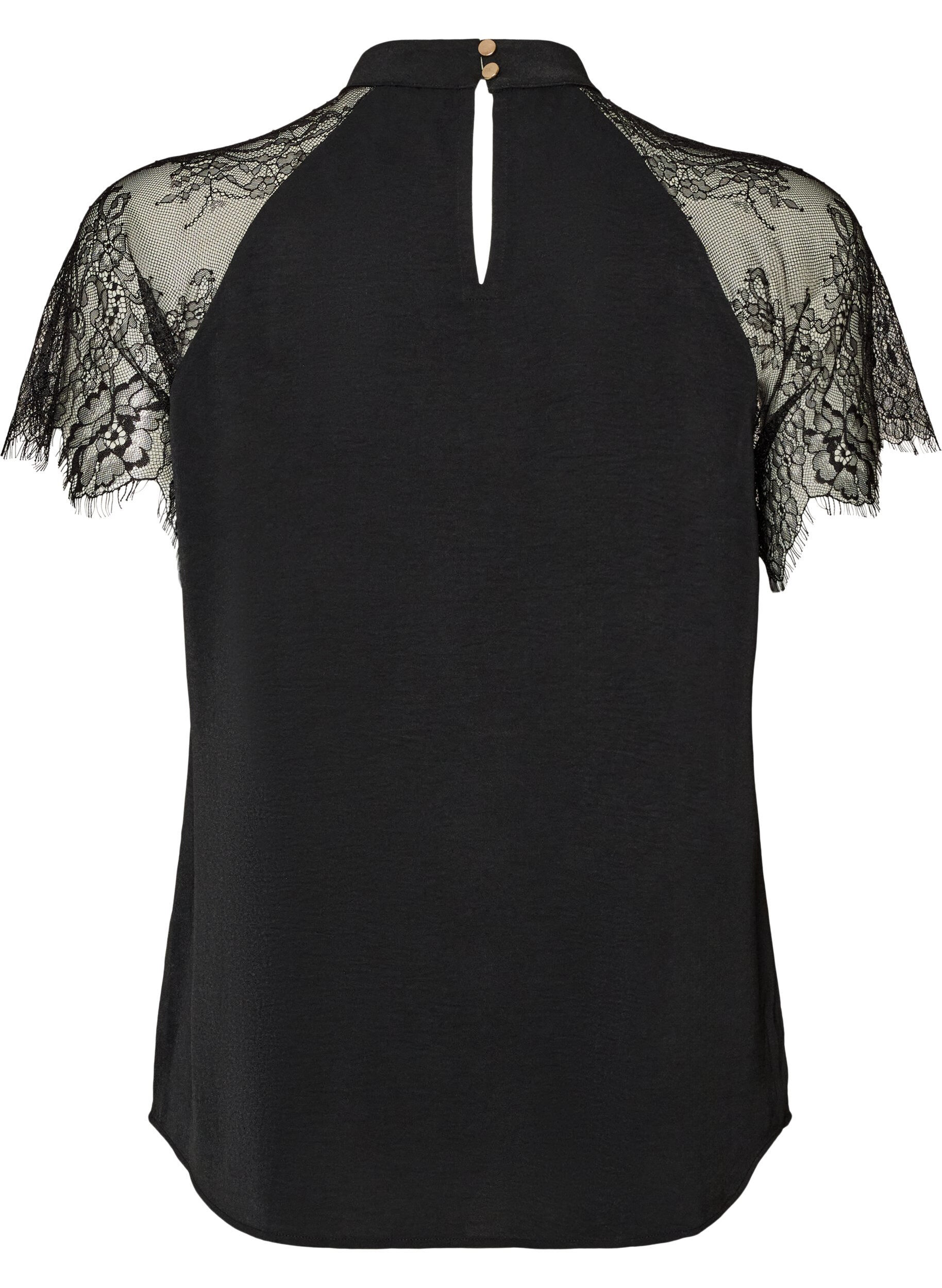 ZizziBluse mit kurzen &Auml;rmeln aus Spitze und hohem Kragen, Schwarz, Packshot image number 1