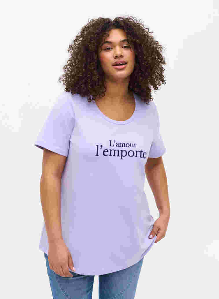 Kurzarm T-Shirt aus Baumwolle mit Aufdruck,  Lavender LAMOUR, Model image number 0