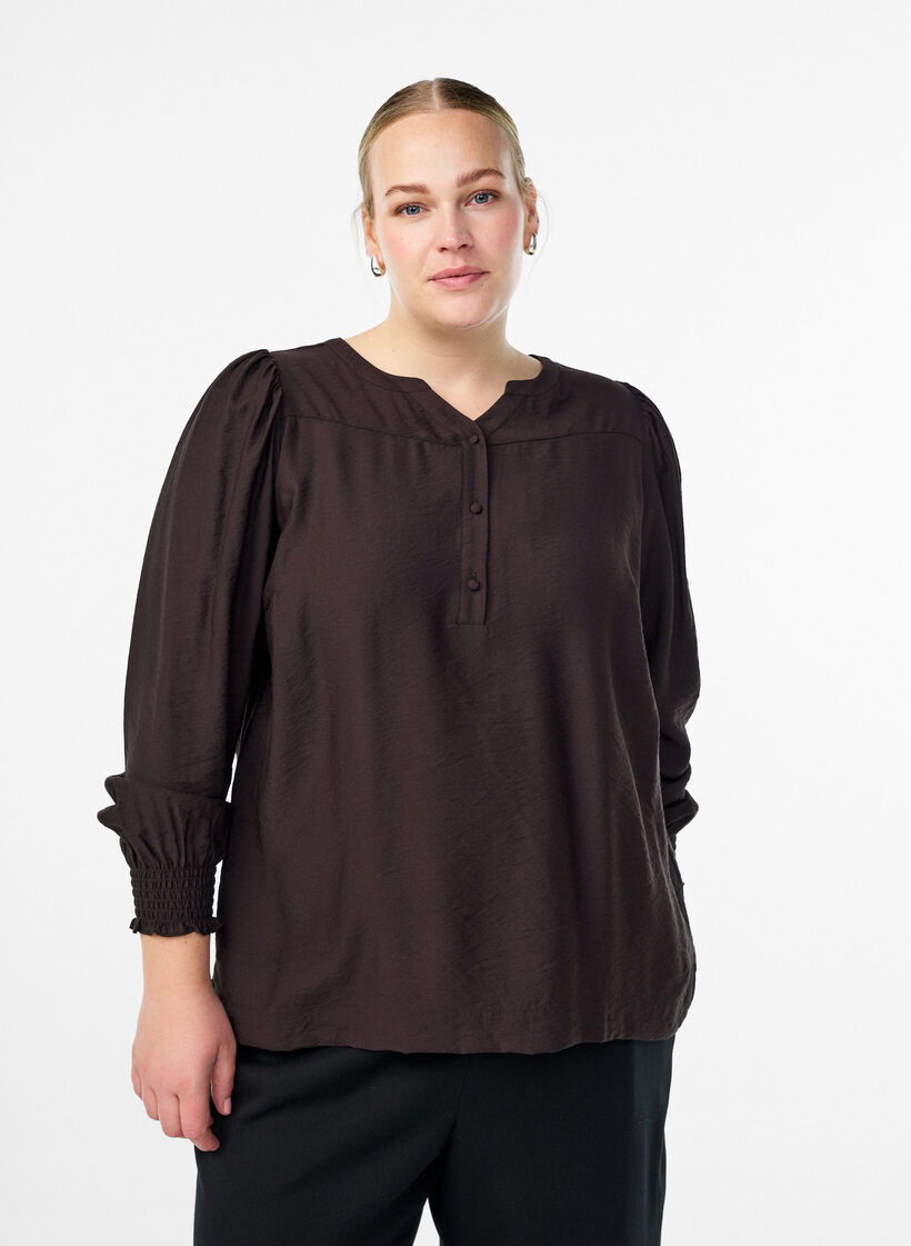 Bluse aus Viskose mit Smock und gerafften Details, Braun, Model image number 0