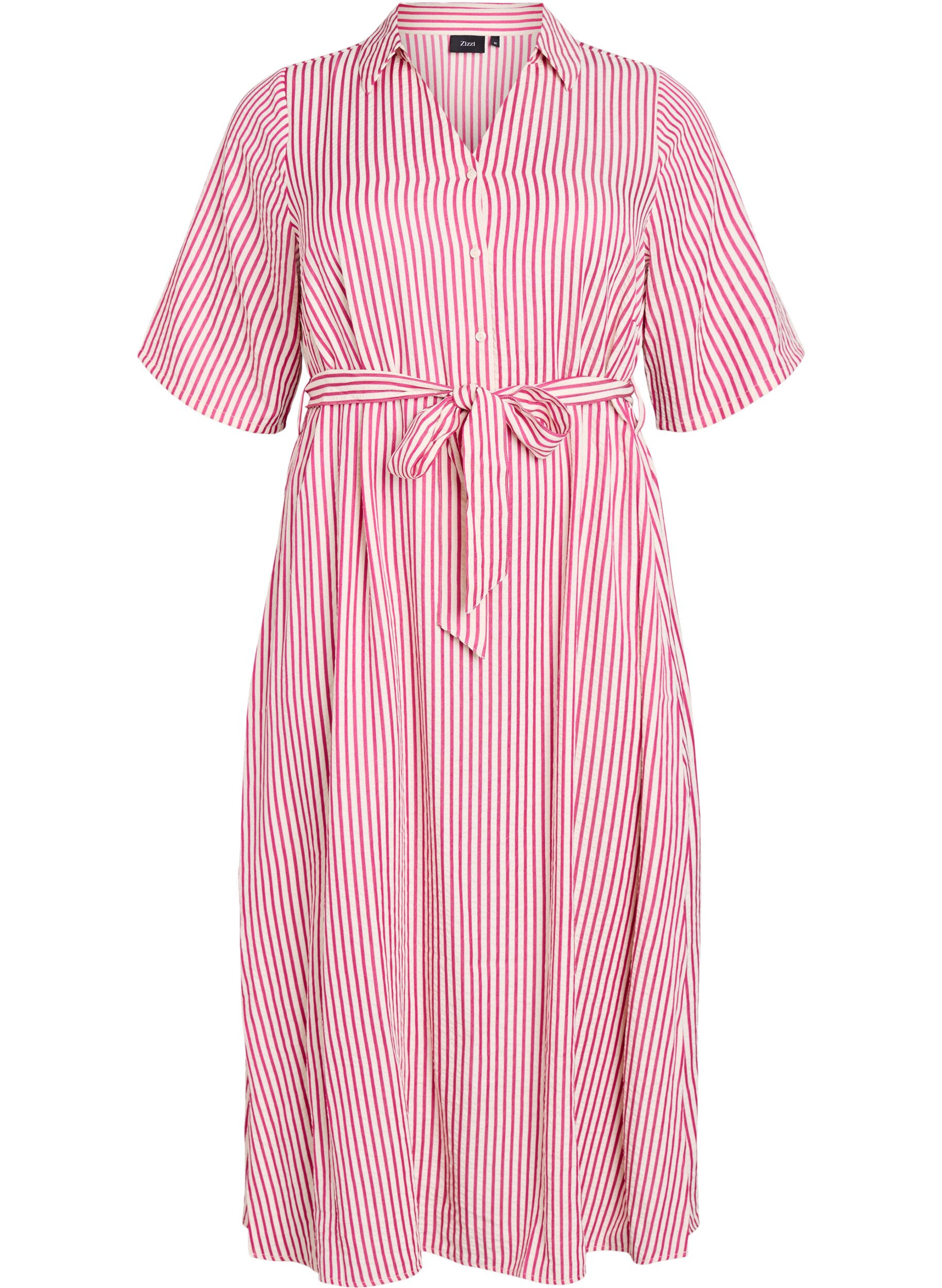 ZizziKn&ouml;chellanges Hemdblusenkleid mit Bindeg&uuml;rtel und Streifen, Pink, Packshot image number 0