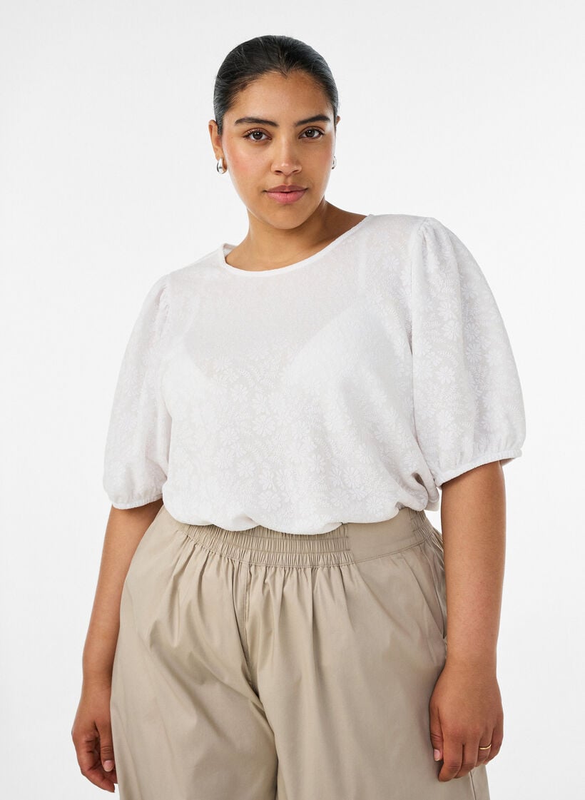 Bluse mit Struktur und kurzen &Auml;rmeln, Wei&szlig;, Model image number 0