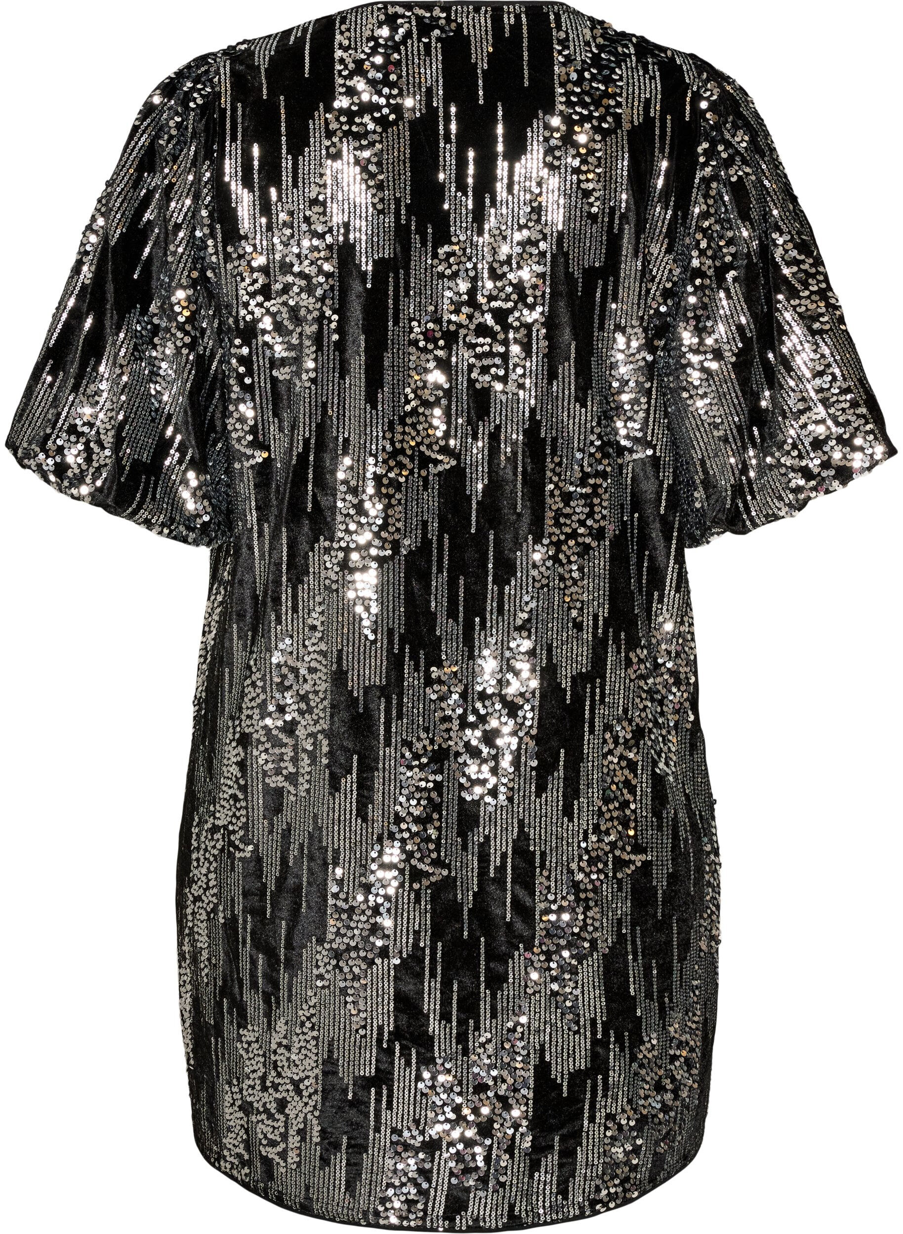 ZizziKurzes Kleid mit Pailletten und Ballon&auml;rmeln, Schwarz, Packshot image number 1