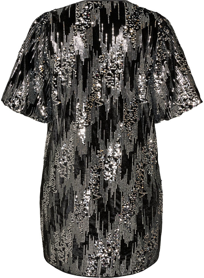 Kurzes Kleid mit Pailletten und Ballon&auml;rmeln, Schwarz, Packshot image number 1