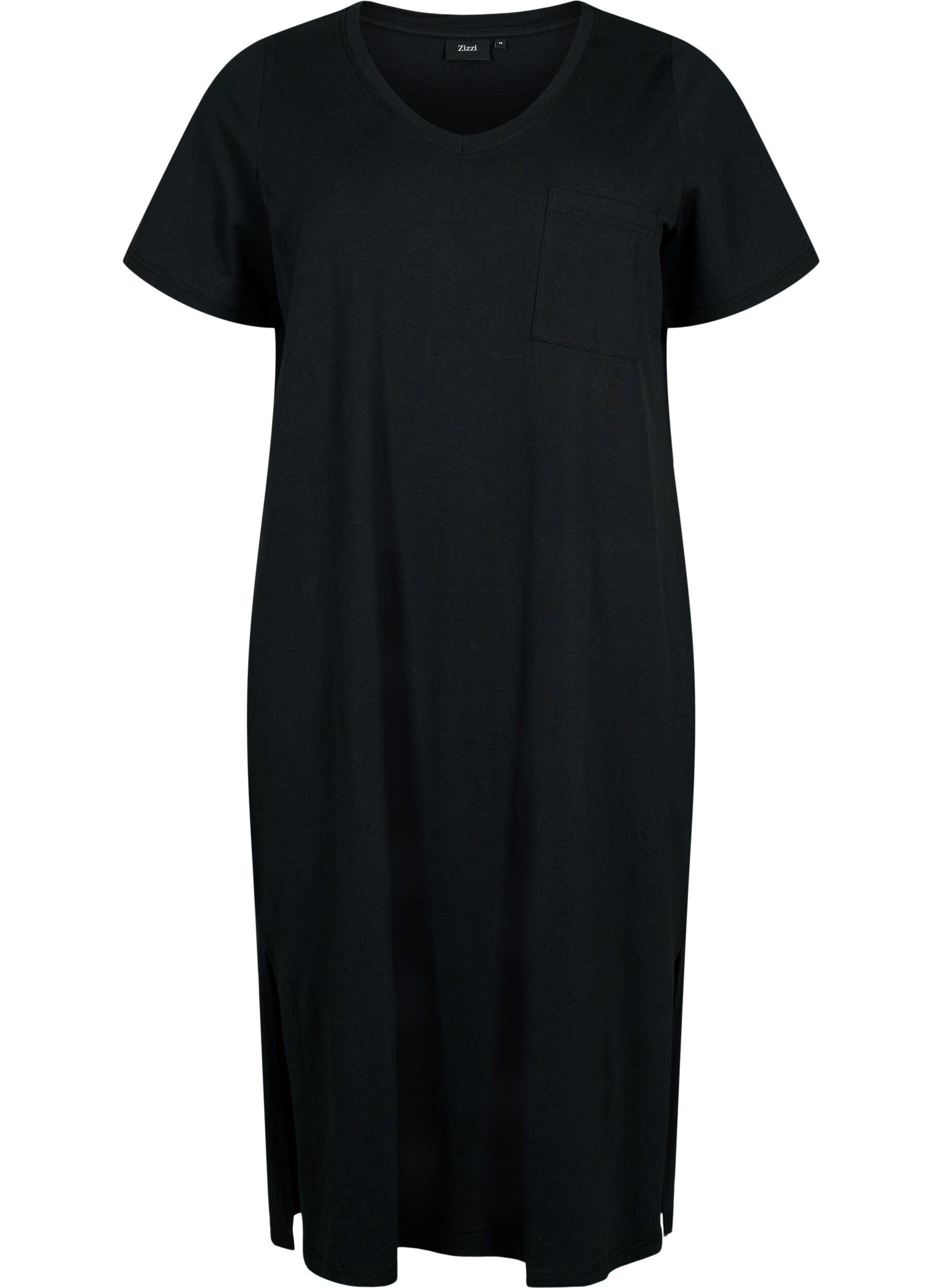 ZizziKurz&auml;rmeliges Baumwollkleid mit Schlitz, Black, Packshot image number 0