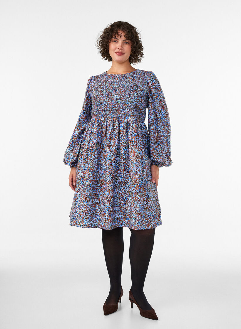 Kleid aus Viskose mit Smock und Allover-Muster, Blau, Model image number 1