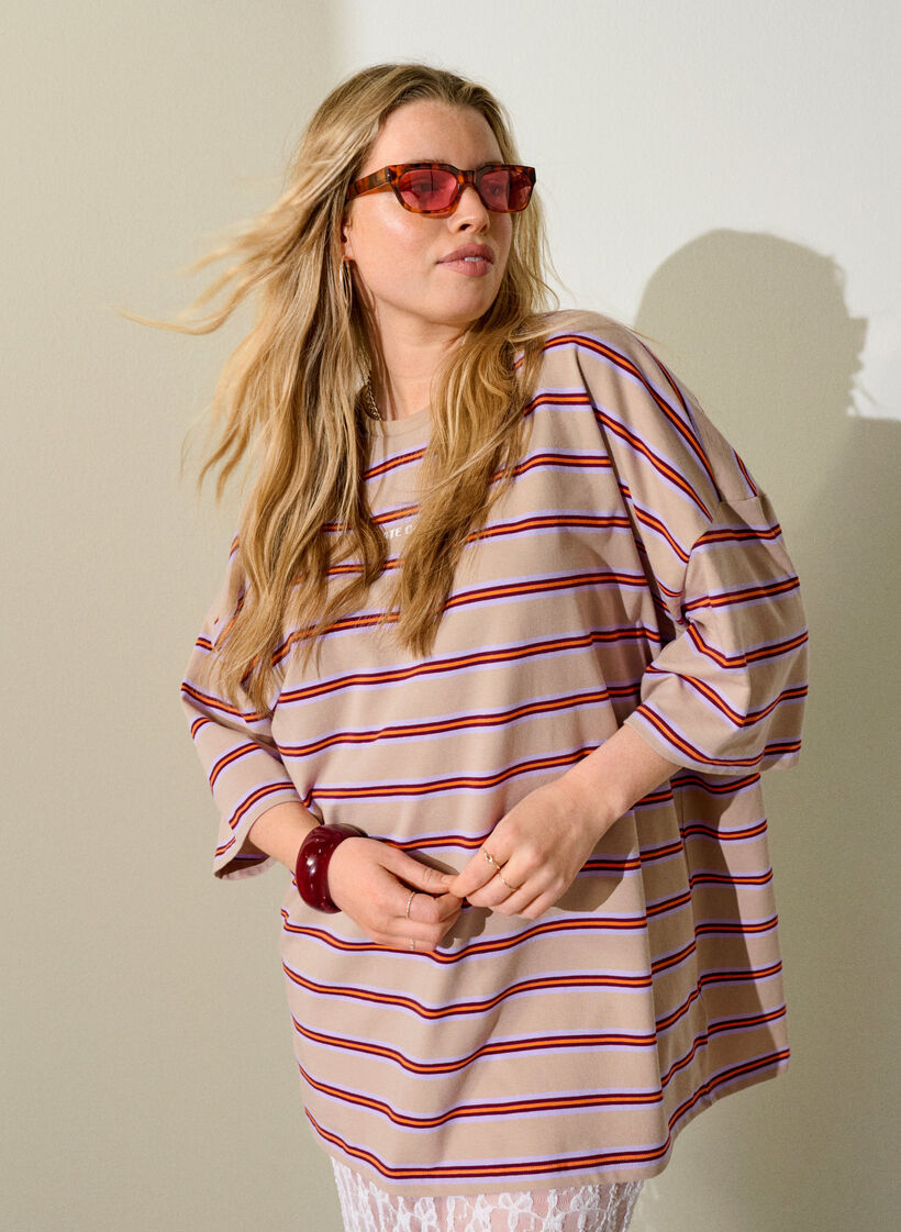 Oversize-T-Shirt mit Streifen und 1/2-&Auml;rmeln, Beige, Image image number 0