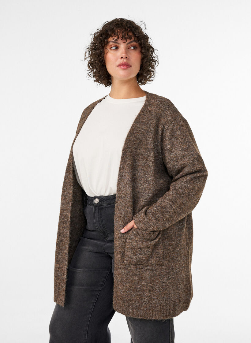 Lange Strickjacke mit Taschen, Braun, Model image number 0
