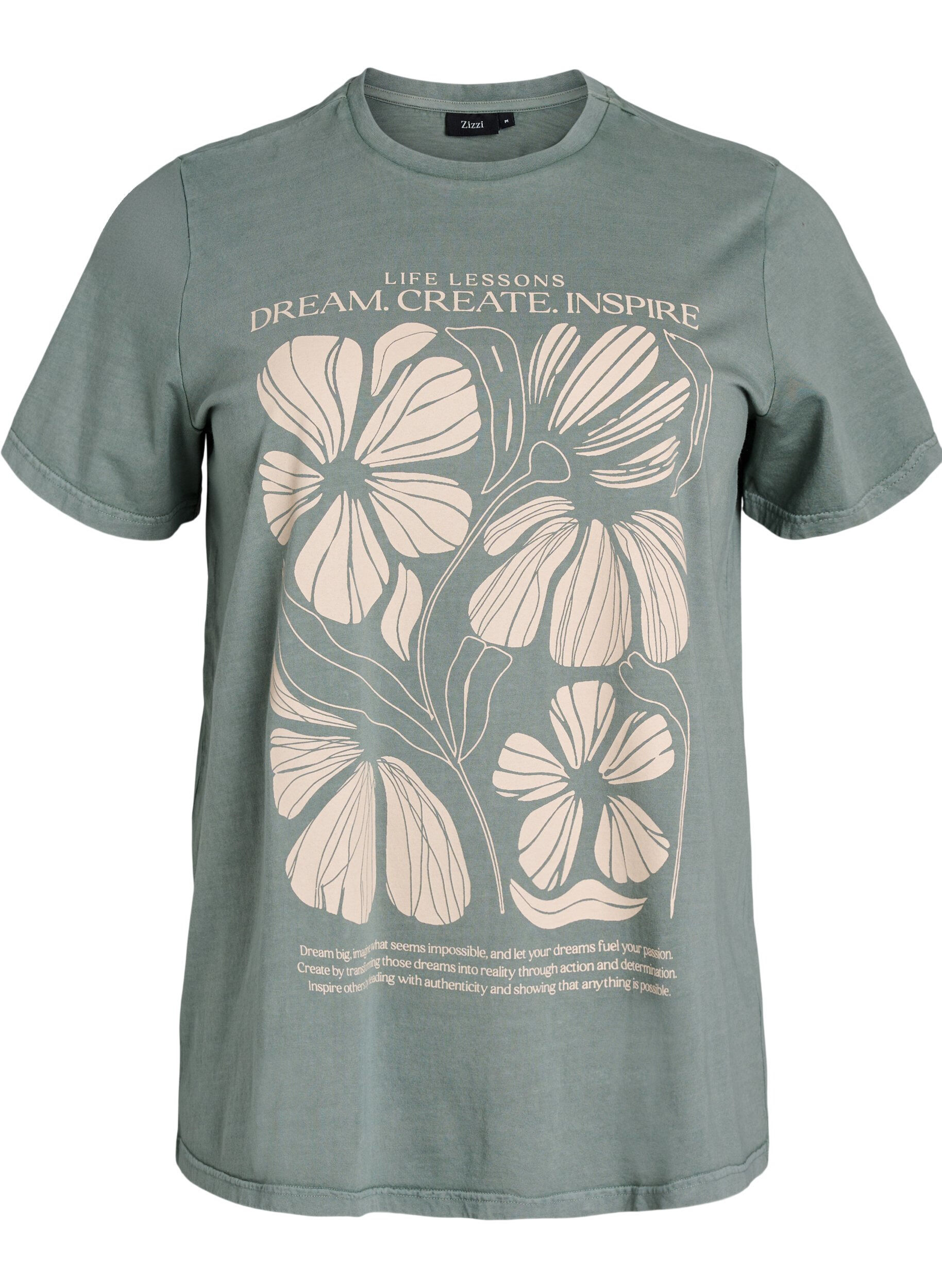 ZizziT-Shirt aus Bio-Baumwolle mit Textaufdruck und Blumenprint, Gr&uuml;n, Packshot image number 0