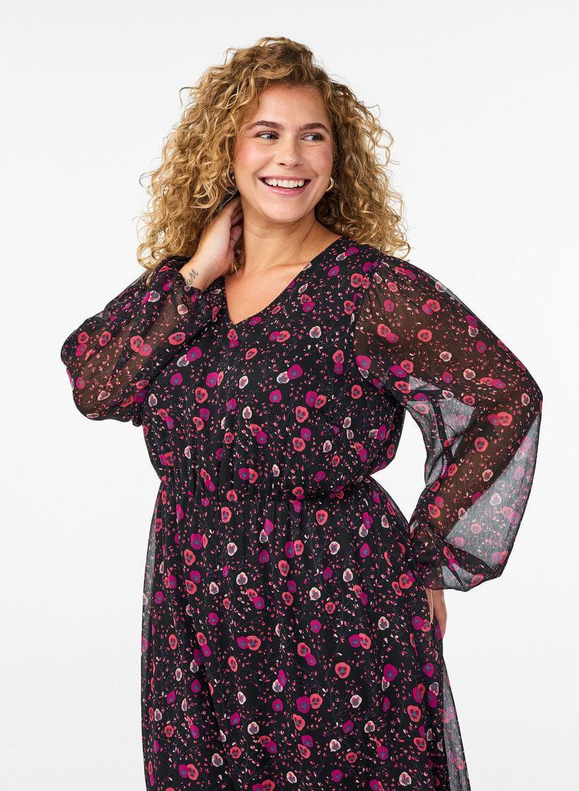 Kleid aus Chiffon mit Blumenmuster und langen &Auml;rmeln, Schwarz, Model image number 2