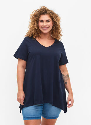 T-Shirt aus Baumwolle mit kurzen Ärmeln, Navy Blazer SOLID, Model image number 0