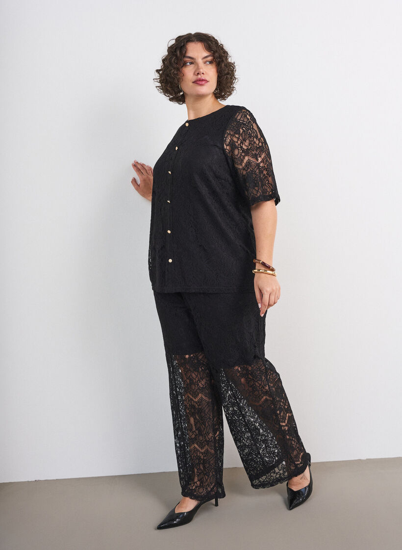 Spitzenhose mit geradem Bein und Innenhose, Schwarz, Model image number 0