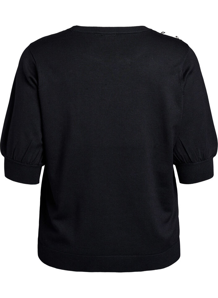 Strickbluse mit kurzen Ärmeln und kleinen Schleifen, Schwarz, Packshot image number 1