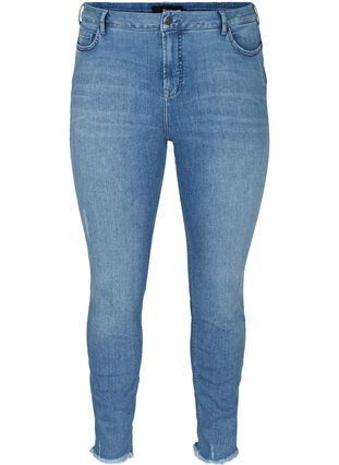 Cropped Amy Jeans mit Fransensaum, Blue denim, Packshot image number 0