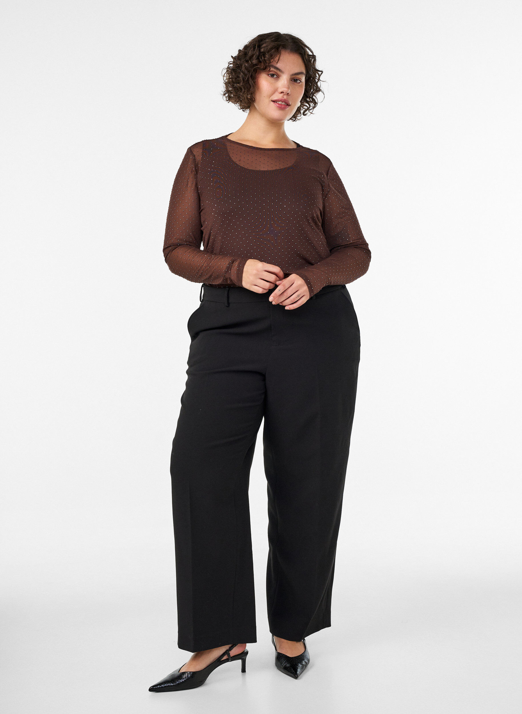 ZizziTransparente Bluse aus Mesh mit Strasssteinen, Braun, Model image number 1
