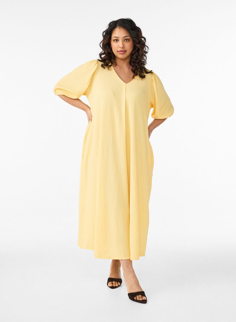 Midikleid mit V-Ausschnitt und Struktur, Gelb, Model image number 0