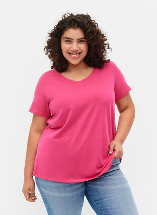 Einfarbiges basic T-Shirt aus Baumwolle, Beetroot Purple, Model image number 0